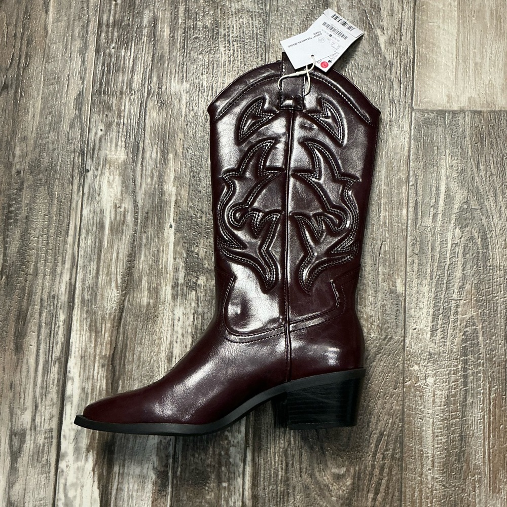 stradivarius Women's Dark Burgandy Brown Western Embroidered Boots Size 7.5 - Picture 13 of 16